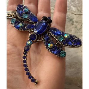 Lg Statement Royal Blue Rhinestone Dragonfly Goldtone Brooch Pin 3” Glam Purse